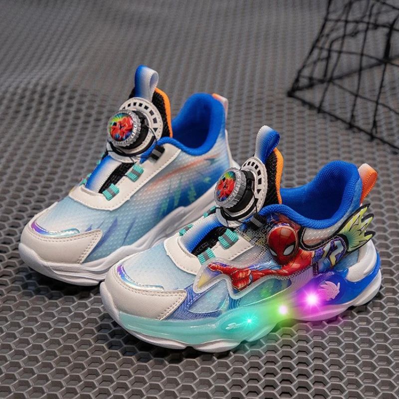 Disney Kinder Licht Sportschuhe Frühling Herbst Rotierenden Knopf Mesh Atmungsaktive Leucht Jungen Laufschuhe Größe 26-35