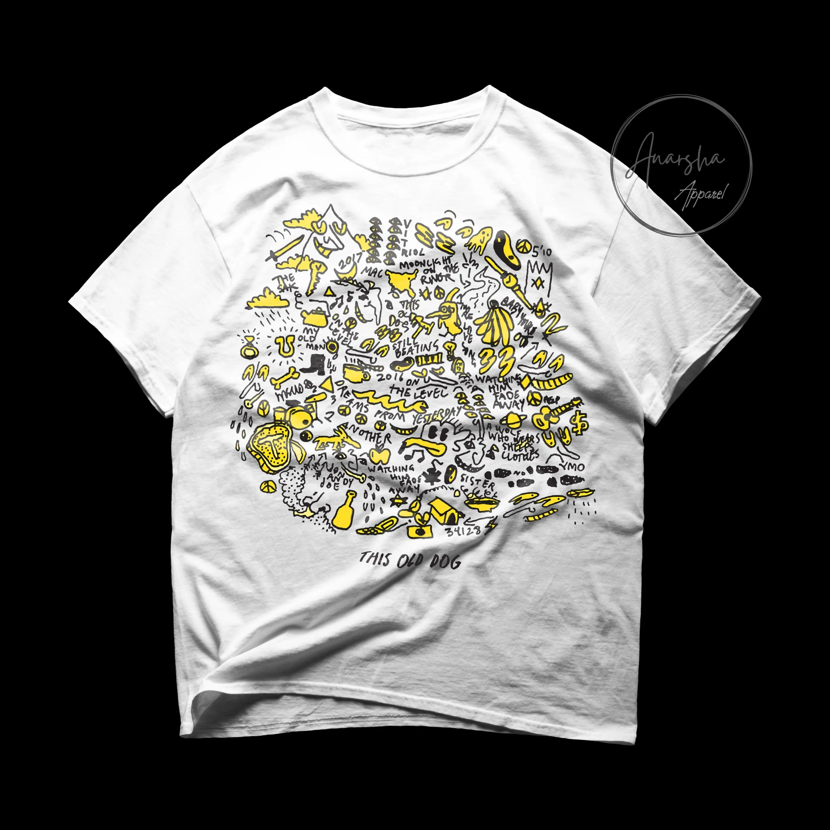 Yellow Doodle Collage Graphic Tee, Hand Drawn Sketch Art Print Unisex Casual Streetwear Short Sleeve Shirt