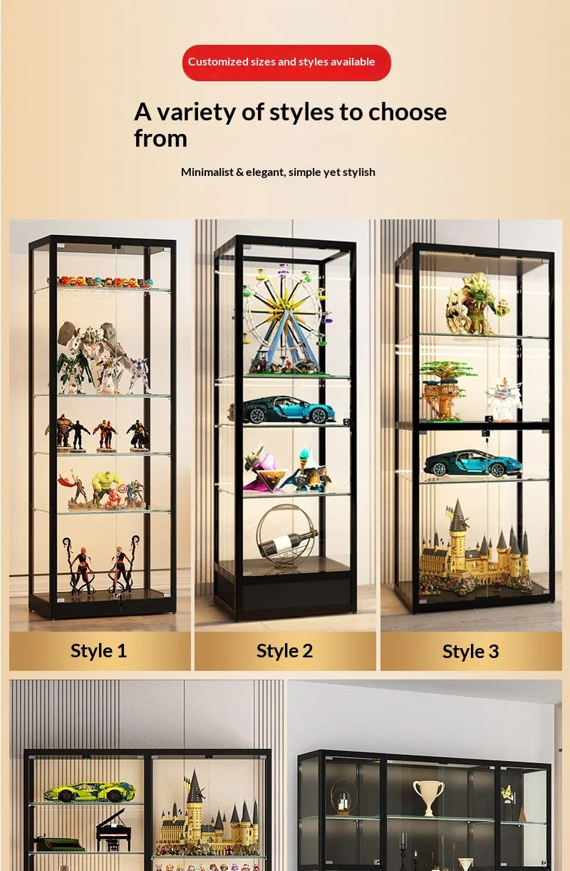 Transparent Glass Door Showcase Cabinet With LED Light Waterproof Dustproof Custom Home Lego Block Action Figure Organizer