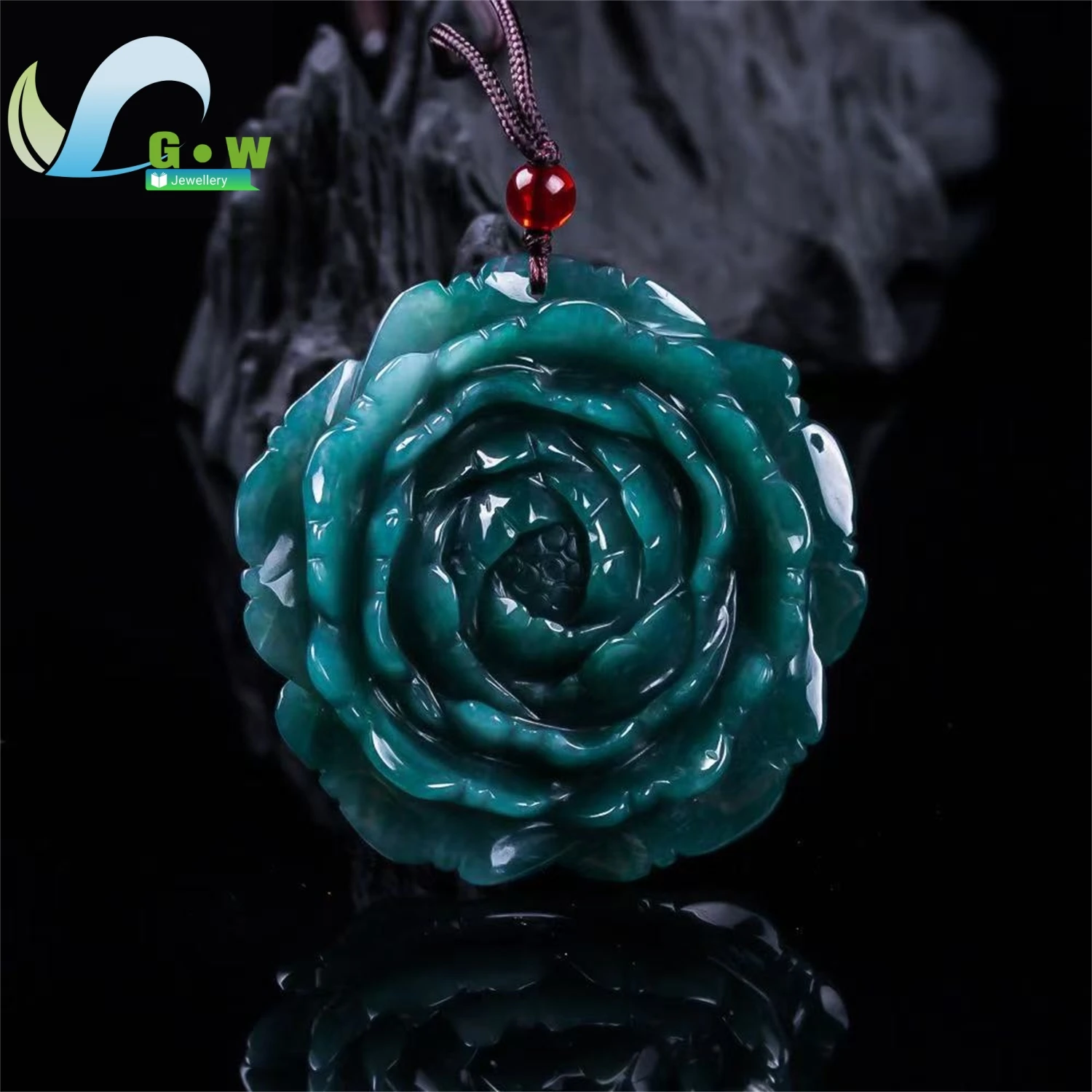 Natural A Grade Jadeite Blue Water Prosperity Flower Pendant Thick Solid Chunky Sweater Chain Ethnic Style Jewelry Gift