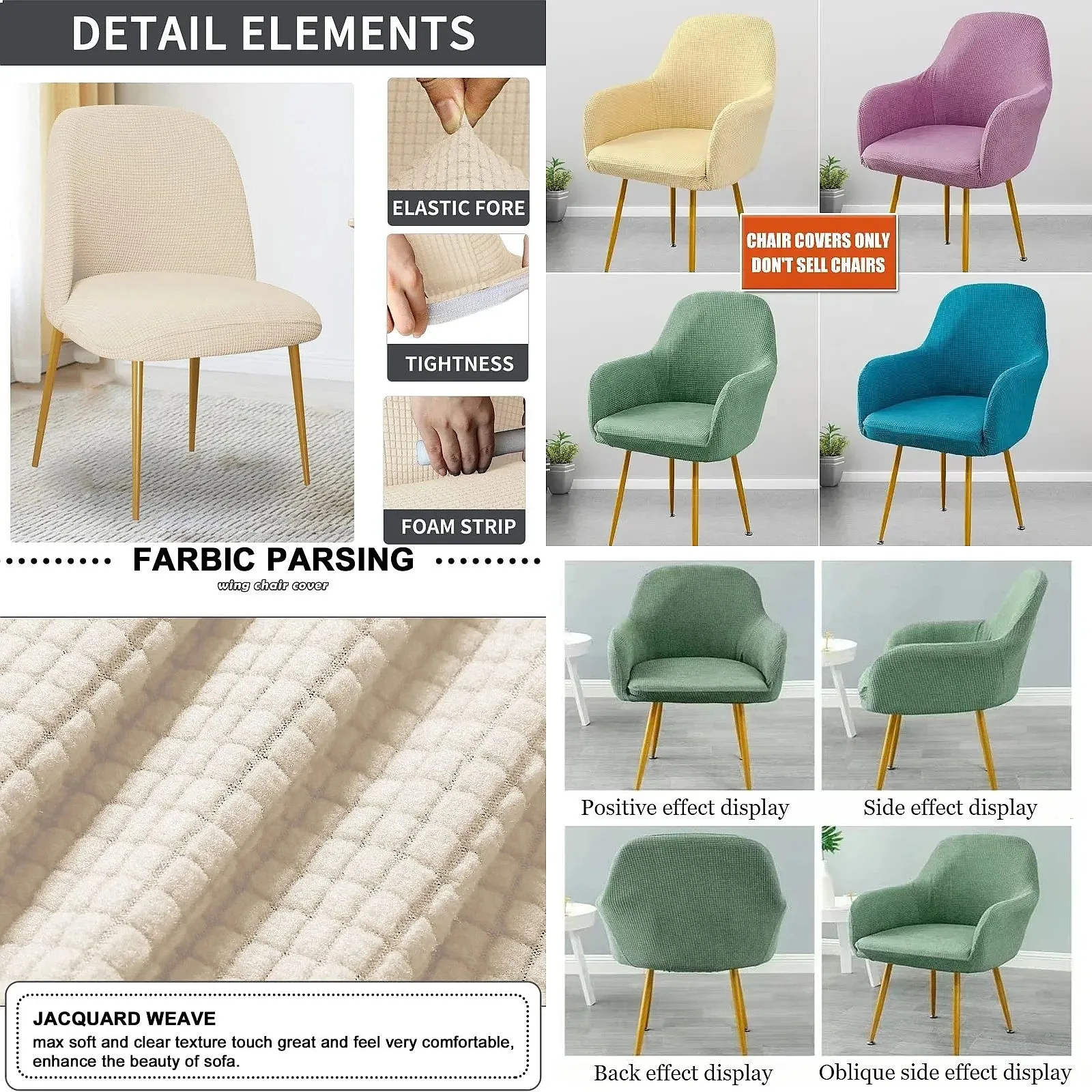 1/2/4PC Arc Shaped Low Back Chair Cover Jacquard Stretch Slipcover Washable Dust Proof for Dining Stool Kitchen Furniture