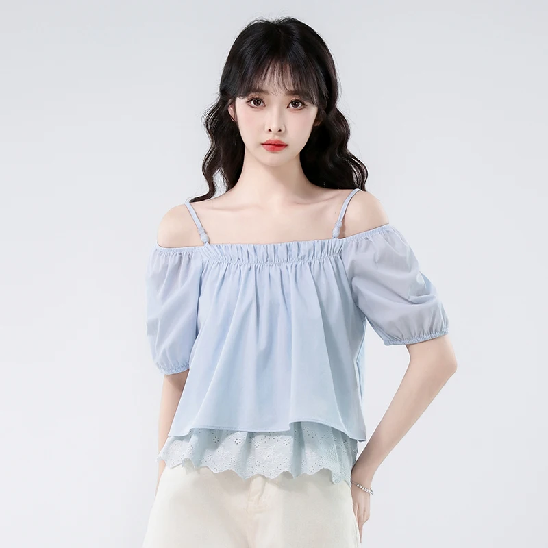 

Sweet Light Blue Strap Short Sleeve Women's Summer New Unique Pleated One Shoulder Small Shirt Bubble Sleeve Short Top