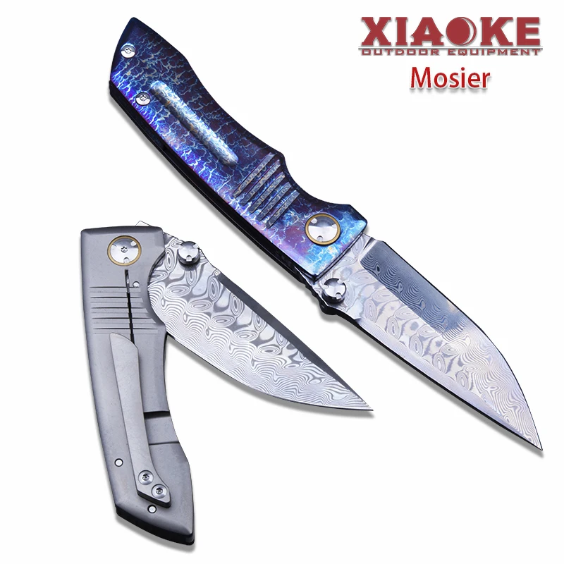 Damascus Steel Mirror Polished Folding Knife with TC4 Titanium Alloy Handle Outdoor Camping Survival EDC Pocket Tool Gift