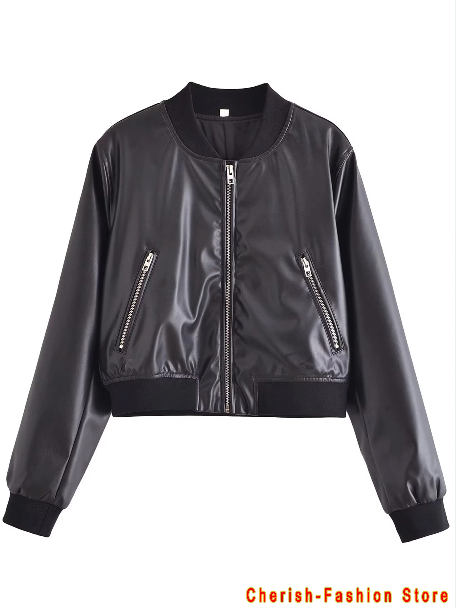 Women Fashion Faux Leather Cropped Bomber Jacket Coat Vintage Long Sleeve Front Zipper Female Outerwear Chic Tops Brand