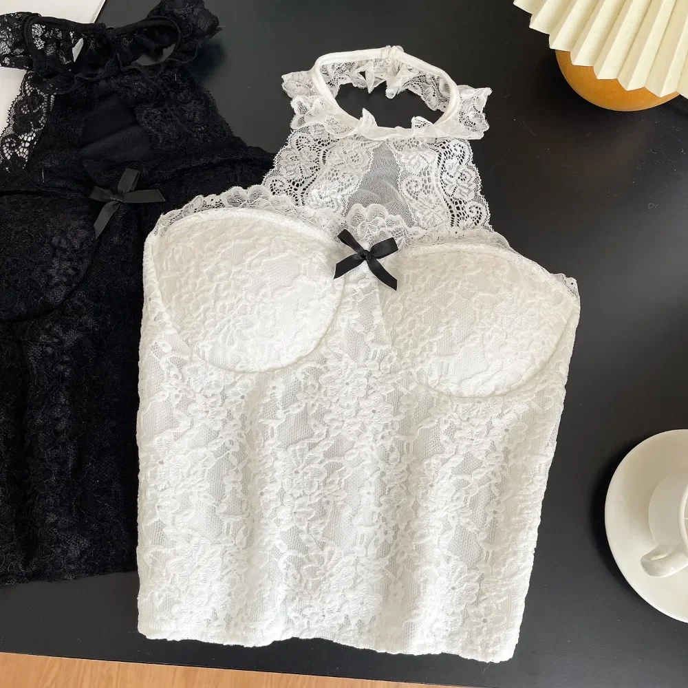 

Sexy Lace Halter Hotsweet Sleeveless Chic Bow Backless Chest Cushion Slim Camis Tank Top Streetwear Women High Street Clothing