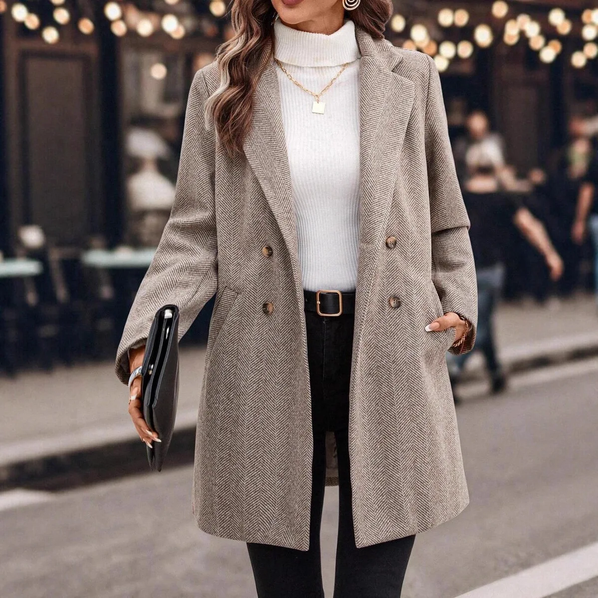 Women's Elegant Khaki Herringbone Long Coat Lapel Double Breasted Winter Warm Pockets Office Outerwear Coat