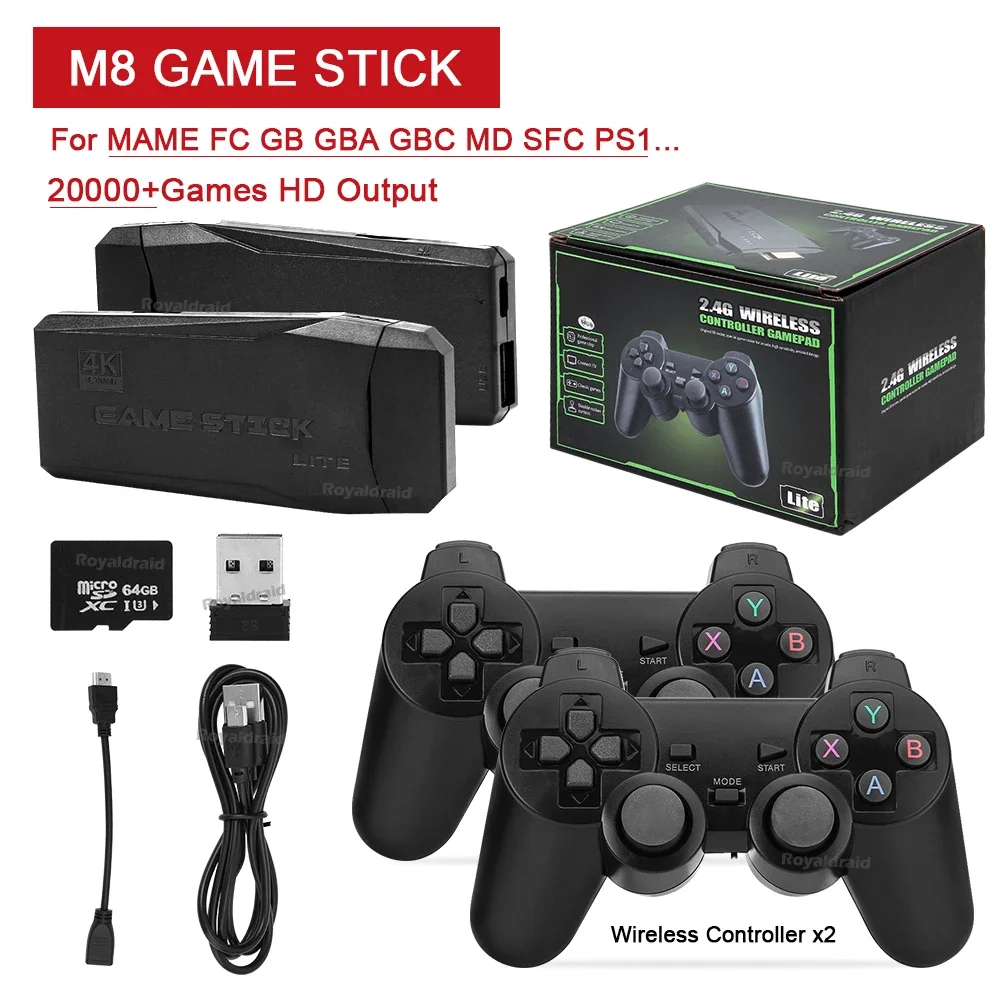 NEW Upgrated M8 Game Stick 4K TV Video Game Console Built-in 20000+ Games 2.4G Dual Wireless Handle 64GB 3D Games For PS1 SFC