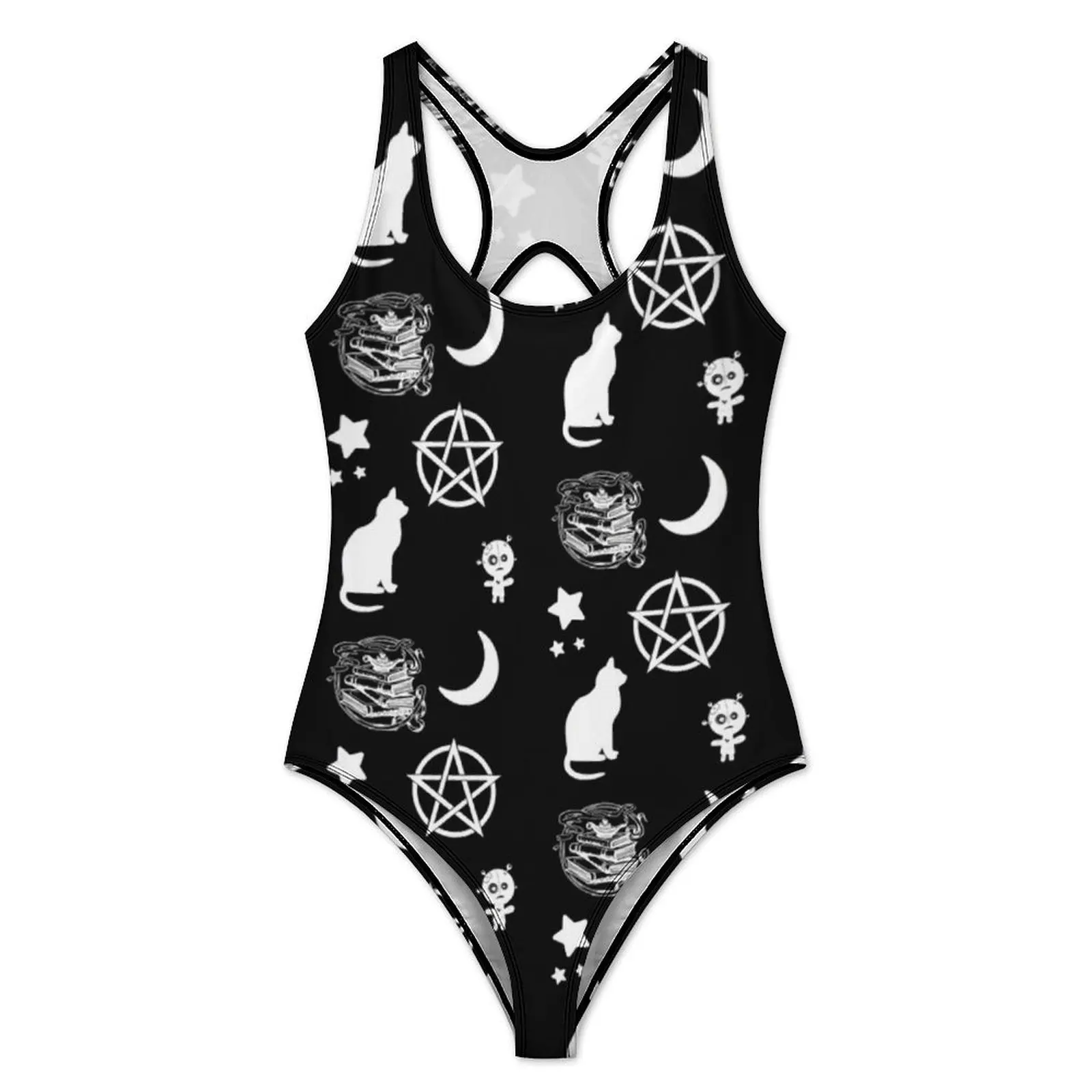 Dark Gothic Print Swimsuit Cat Star Moon Swimwear One-Piece Surfing Graphic Bodysuit Monokini Women Push Up Sexy Beachwear Gift