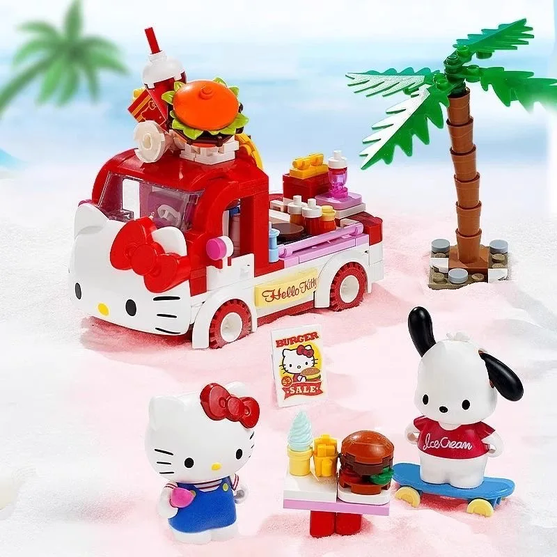 

Sanrio Series Building Blocks Hello Kitty Pochacco Burger Car Pom Pom Purin Cinnamoroll Dessert Car Model Bricks Kids Toys Gifts