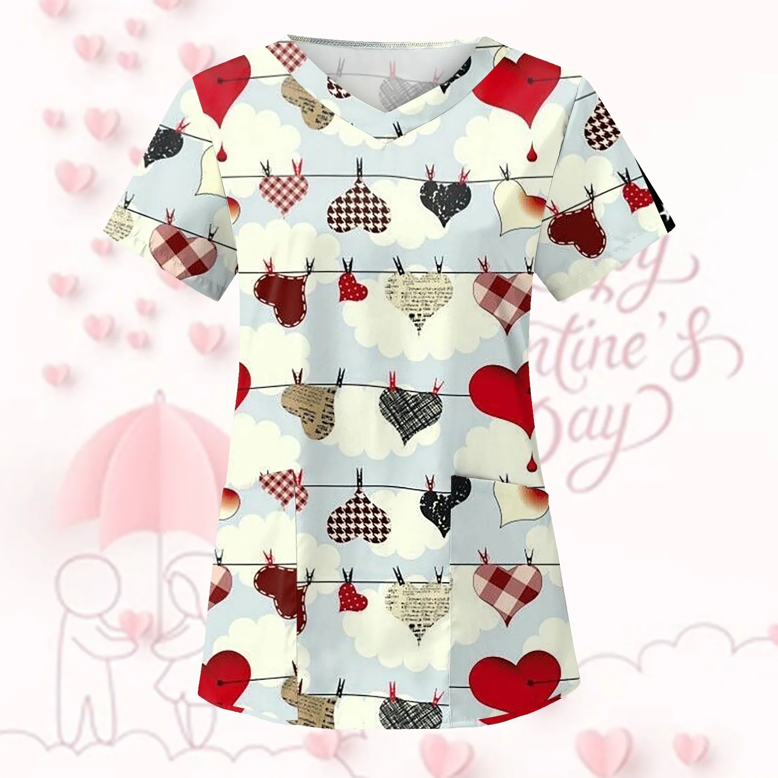 Women's T Shirt V Neck Tops Valentine's Day print Shirt Pocket Women Hospital T Shirt thanksgiving Tops Nurse Uniform T Shirt