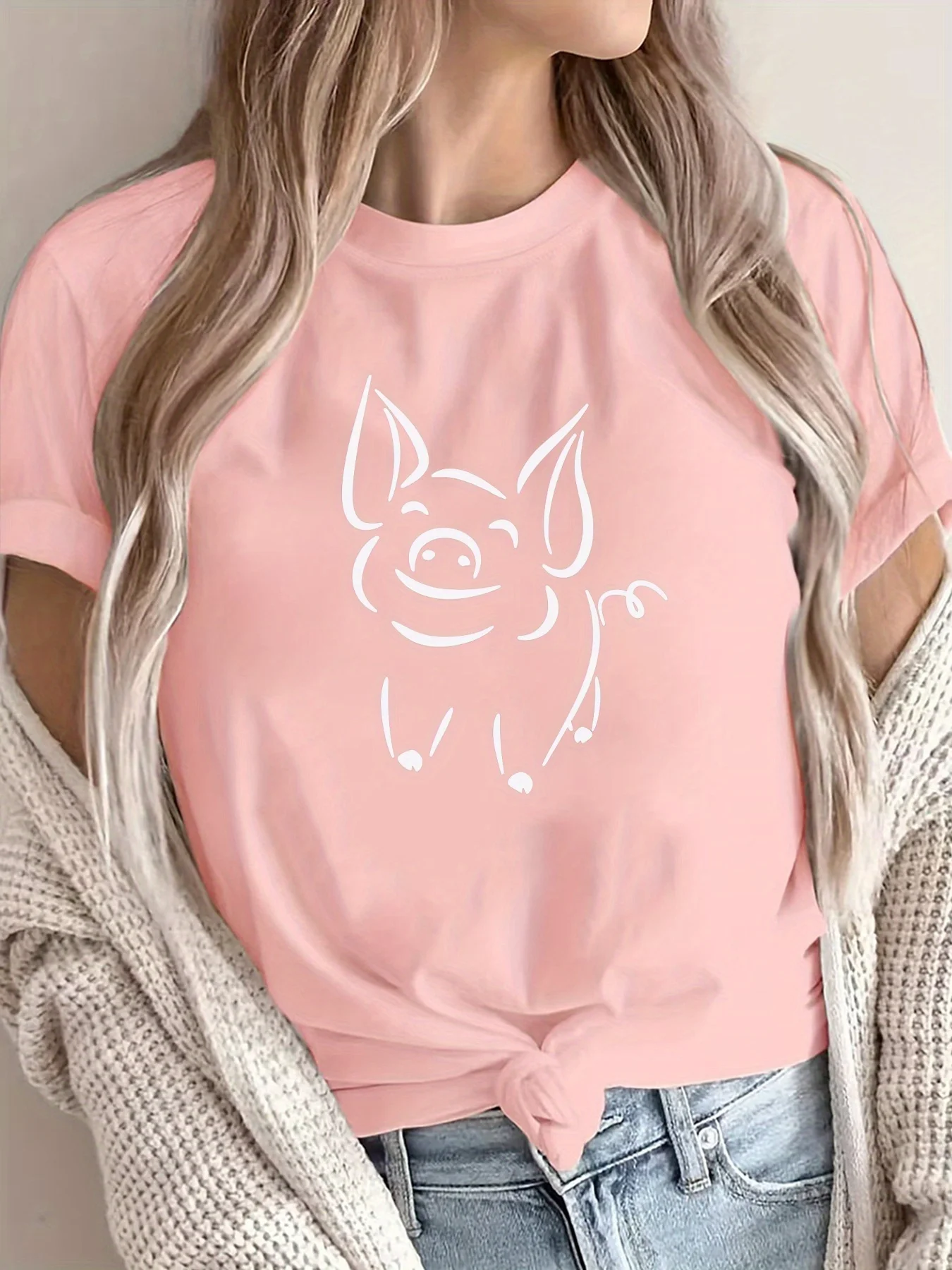 Women's Soft Cute Piglet Graphic T-Shirt Casual Short Sleeve T-Shirt White Line Art Design Comfortable Fashion Graphic T Shirts