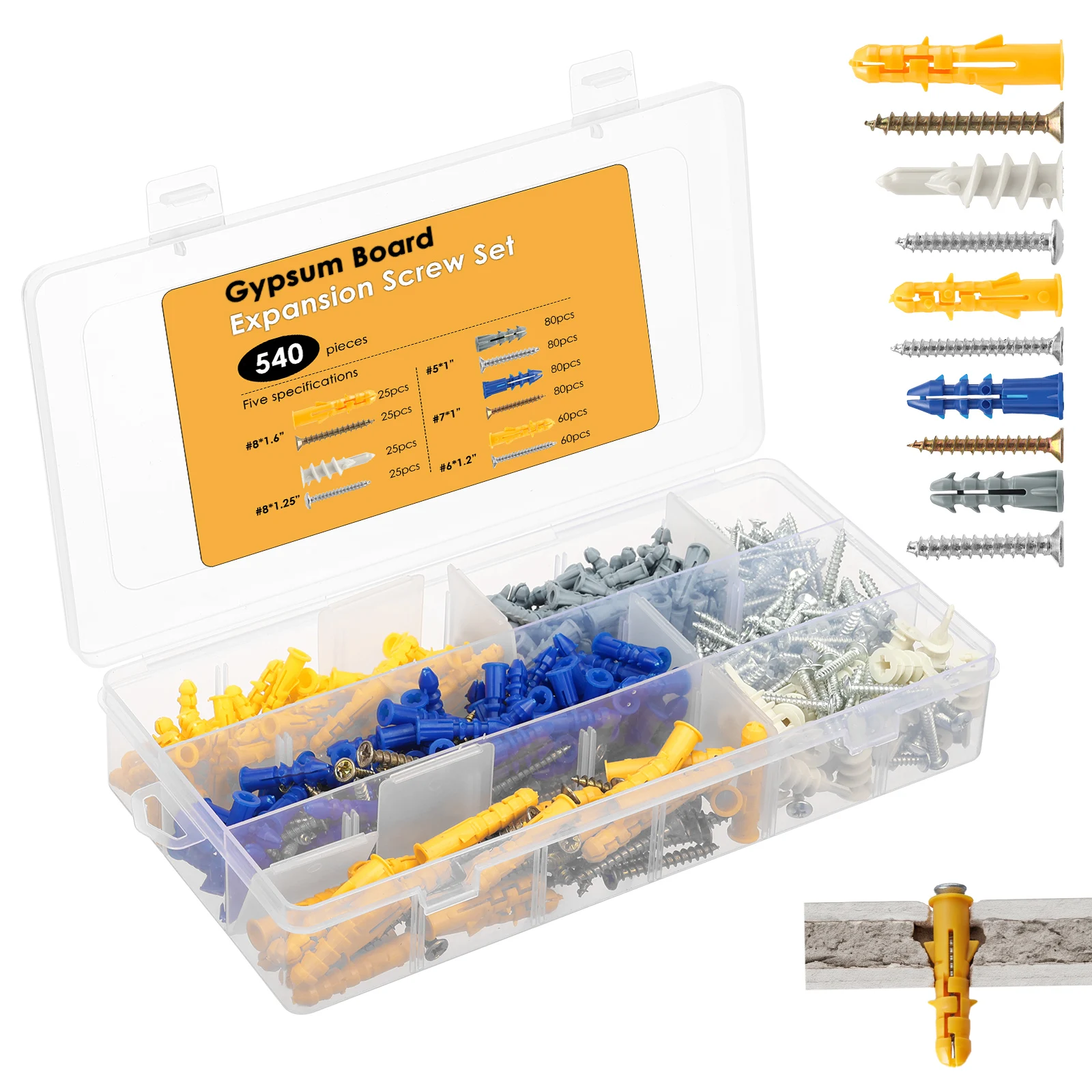 Drywall Anchors Kit 540PCS Wall Anchor And Screw Assortment Plastic Expansion Anchors For Drywall Concrete Brick Wood Wall Hangi