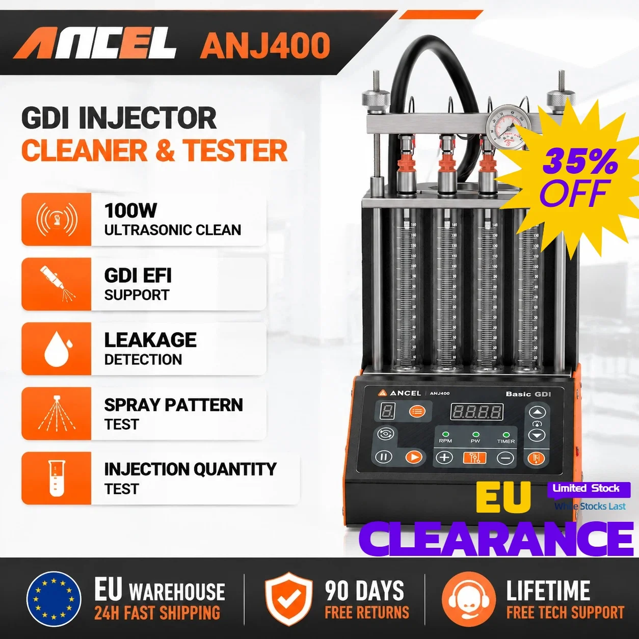 Ультразвуковой очиститель форсунок GDI EFI FEI ANCEL ANJ400, 4 цилиндра, 100 Вт, для автомобилей и мотоциклов.