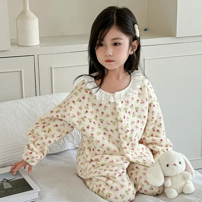 2026 Spring New Type Girls' Thick and Warm A-class Cotton Soft Sticky Home Clothes Top and Pants Two Piece Set