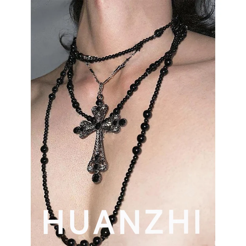 HUANZHI Black Personalized Handmade Beaded Layered Cross Necklace Y2K Dark Gothic Choker Fashion Unisex Jewelry for Women Men