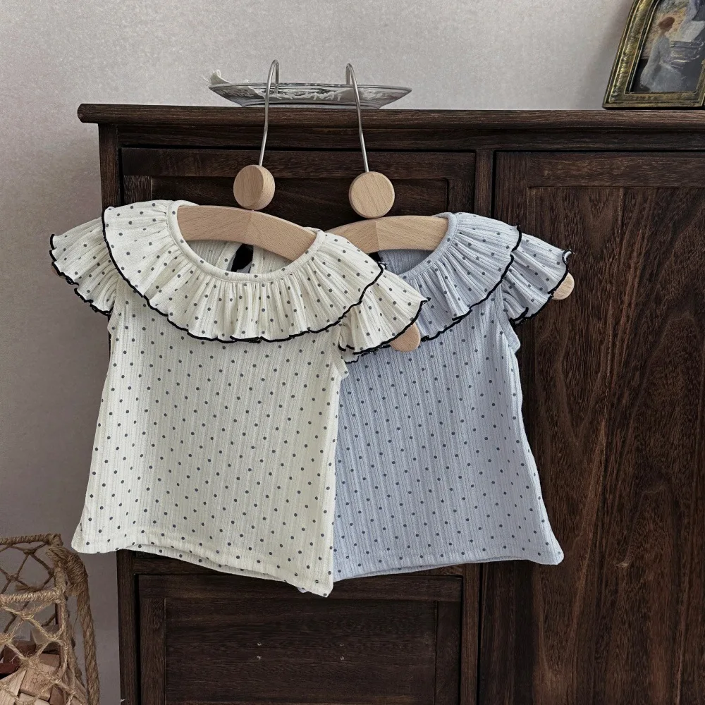 Korean Style Baby Girls Polka Dot T-Shirt Summer Ruffle Collar Tops Infant Short Sleeve Casual Blouse