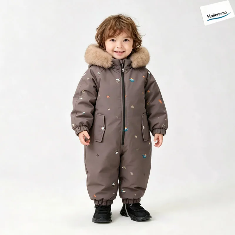 Baby Hooded One‑Piece Snowsuit Faux Fur Trim Windproof Waterproof Animal Print Warm Winter Zipper Jumpsuit Romper For Boys Girls