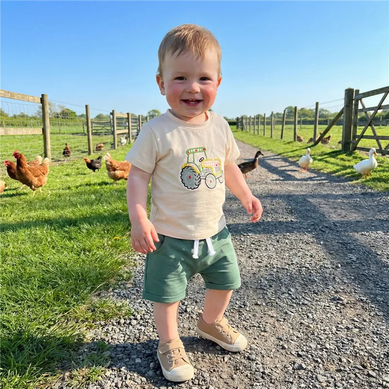 1-4years Baby Boys Summer Outfits Tractor Embroidery T-Shirt Rolled Hem Shorts Set for toddler boys