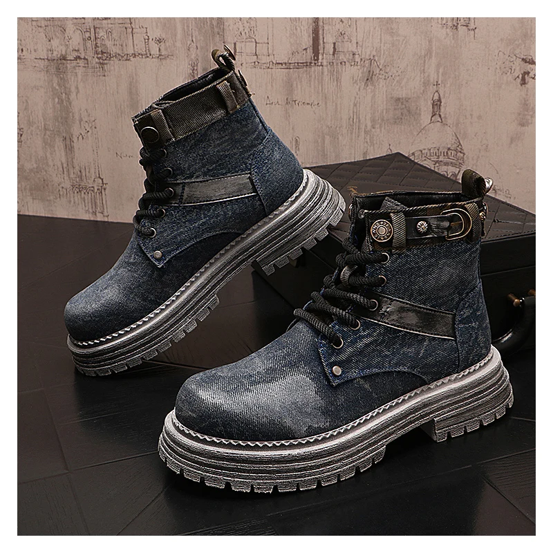 men fashion punk gothic dress platform boots lace-up denim shoes breathable canvas cowboy boot vintage cool ankle botas hombre