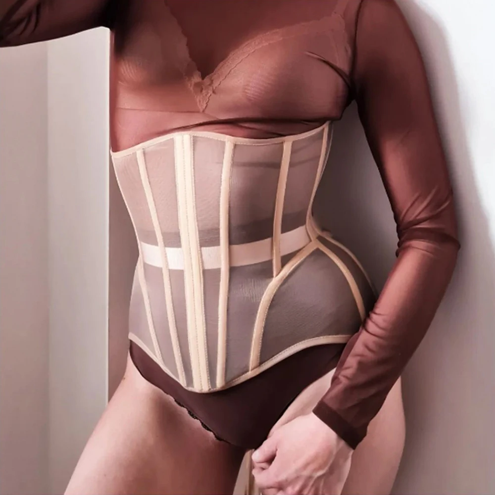 Femal Abdomen Tight Corset Crops Under Bust Bustiers Breathable Mesh Waist Girdle With Bones Slimming Lace Up Bodices view 2