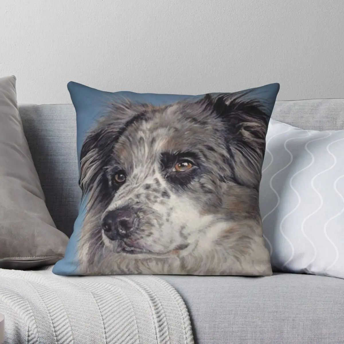 Blue Merle Border Collie Square Pillowcase Polyester Linen Velvet Pattern Zip Decor Pillow Case Car Cushion Case 45x45