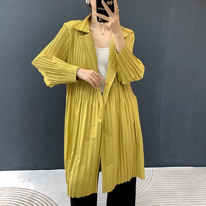 WHTREND خريف جديد معطف فضفاض مطوي منتصف طول مزدوجة الصدر طويلة الأكمام سترة معطف للنساء WH2029