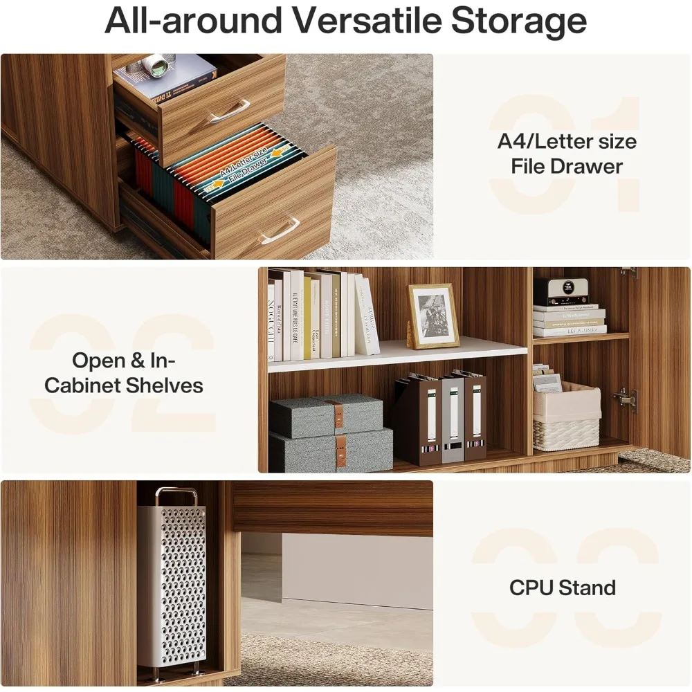 Mesa executiva em forma de L de 85,8 polegadas com gavetas, armário de porta e prateleiras, mesa de escritório comercial extra grande,