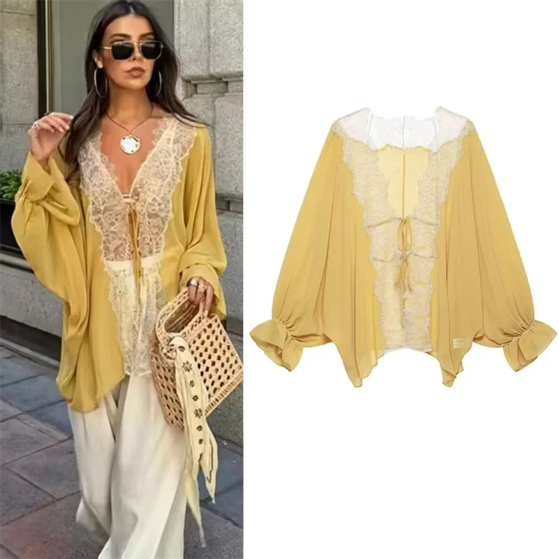 

Women's Shirt 2026 Summer New Style Yellow Long Sleeve Lace Splice Decor Loose Shirt Vacation Style Fashionable