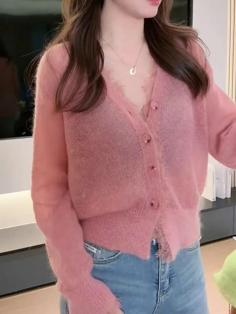 

Sweet Sli V-Ne Вязаный открытый кардиган Long Sve Внутренняя одежда на одной пуговице Корейский свободный крой Осенний топ для молодежи...