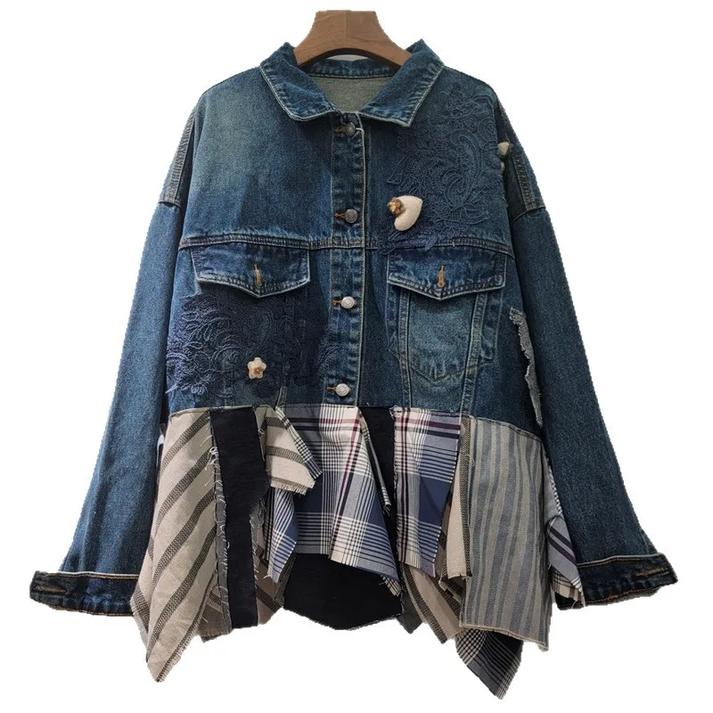 2025 가을 빈티지 디스트레스드 데님 코트 여성용 불규칙한 체크 패치워크 라펠 긴 소매 아우터웨어