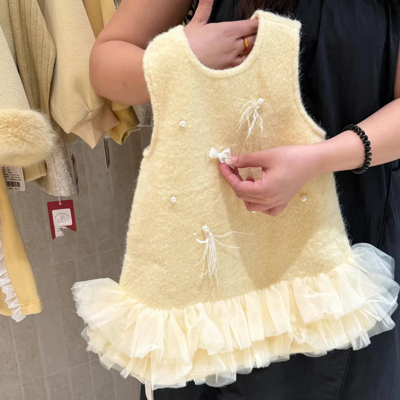 

Girls' Dress2025Autumn New Children's Princess Dress Girl Sweet Pearl Patchwork Vest Dress