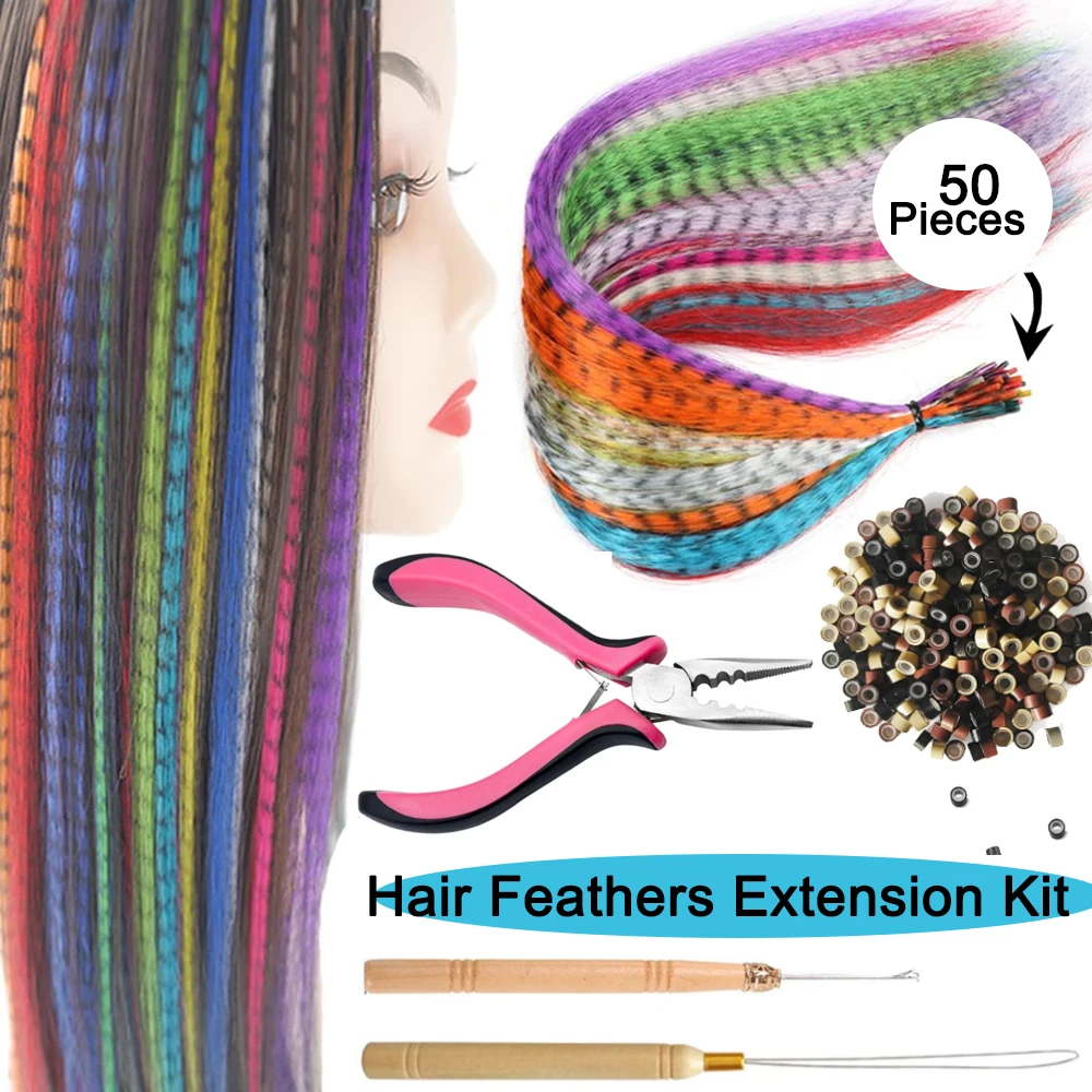 Haarveren Extension Kit -50 stuks Synthetische Feather Hair Extensions Haarstukken En 100 Stuks Silicon Micro Link Kralen & 3 Stuks Tool - afbeelding 1