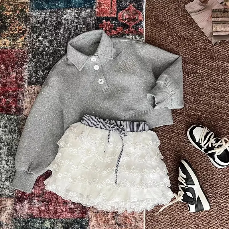 

Girls Set 2025 Fashion Trendy Childrens Spring Autumn Collar Long Sleeve Top Lace Half Body Cake Skirt Two Piece Set