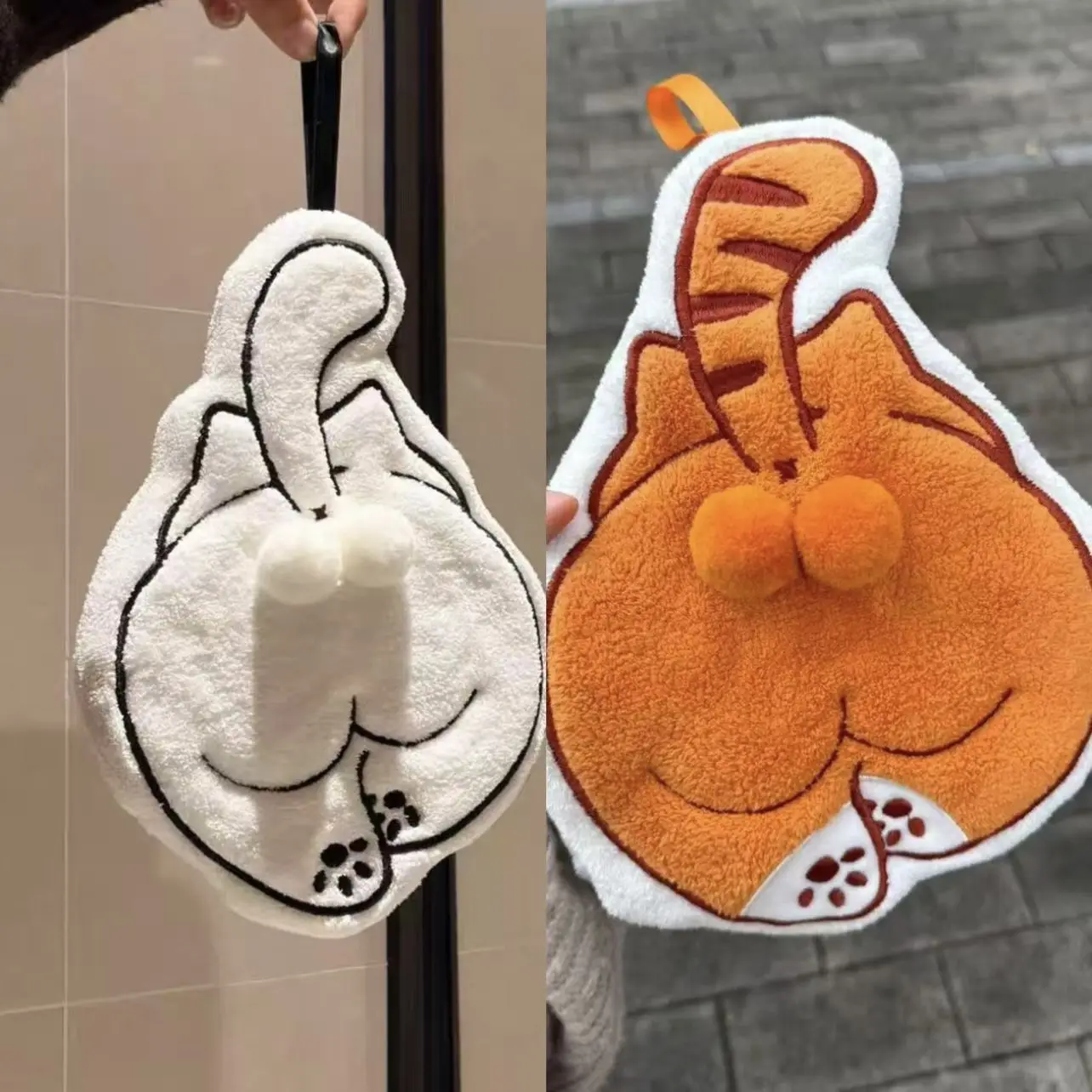 Cute Cartoon Cat Hanging Hand Towel Ultra Absorbent Soft Washable Towel for Kitchen Bathroom Home Decor