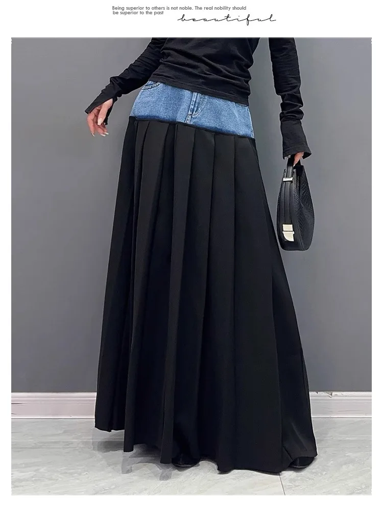 Y2k Pleated Skirt Women Long Skirts Denim Patchwork High Waist Washed Distressed Vintage Floor Length 2025 Streetwear A Line