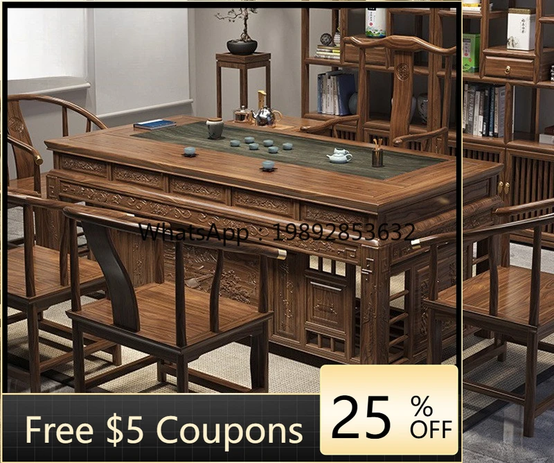 LYY Solid Wood Antique Tea Table and Chair Set for Home Office  Full Set Integrated New Chinese Style Kung Fu T Brewing Table