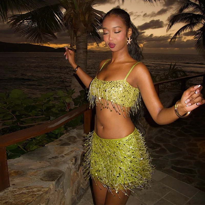 

Siren Chic 2026 Summer New Vacation Style Tassel Sequin 2 Piece Set Spaghetti Strap Top Bodycon Skirt for Women