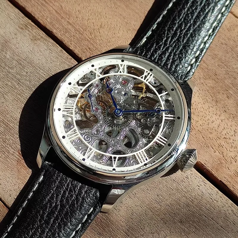 Trendy men's manual mechanical watch, vintage business Tianjin movement St3600K, hollow carved fashion genuine leather for men.