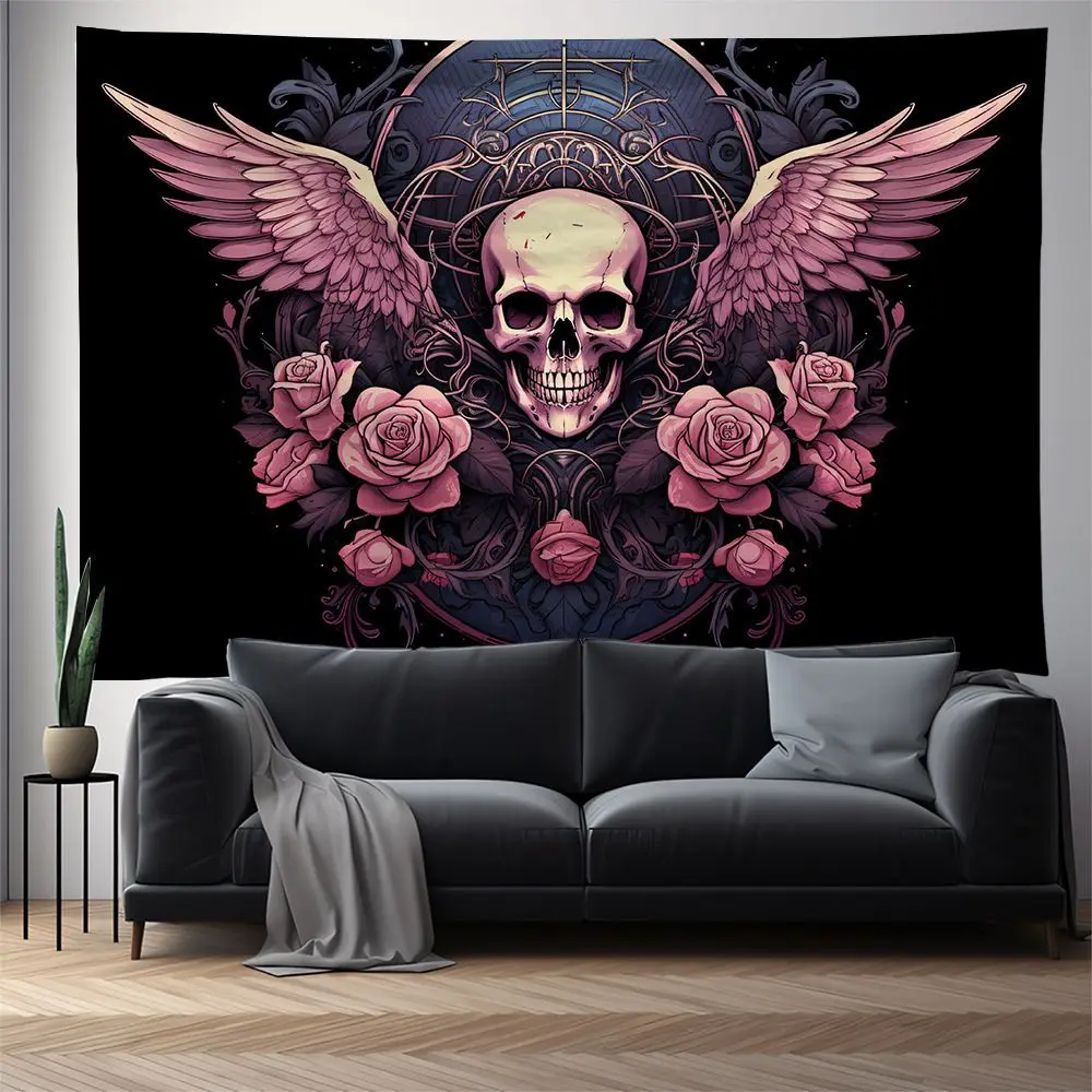 VIKAMA Skull Wall Hanging Tapestry, Pink Hippie Gothic Decor, American Boho Style for Bedroom Living Room