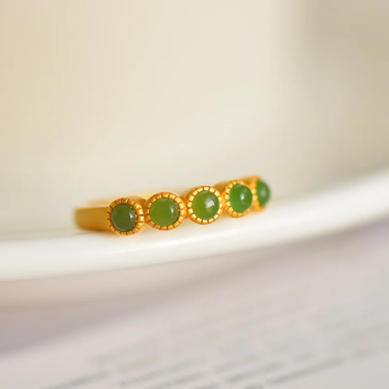 

S925 Серебряное позолоченное женское кольцо с инкрустацией из нефрита и яшмы в форме хвоста