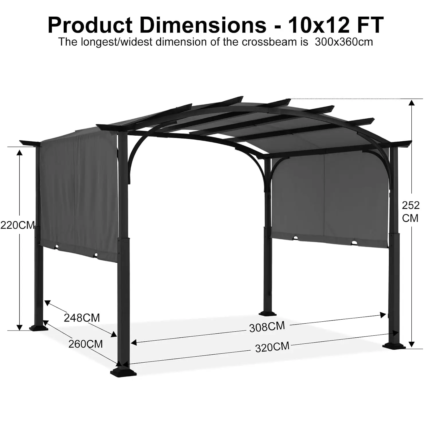 Arched Pergola 10'x12' with Retractable Sun Shade, Dark Gray, Customized