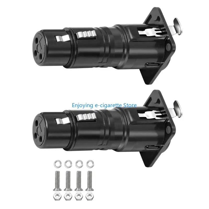 3-Pin D-Style Female Bulkhead Couplers, 2-Pack Panel-Mount Feed-Through Set with Metal Locking Latches for Microphones and