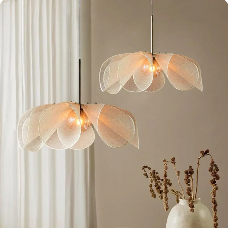 Vintage Fabric Ceiling Pendant Light Nordic Wabi Sabi Fabric Chandelier for Living Dining Room Bedroom Bar Hanging Light Fixture
