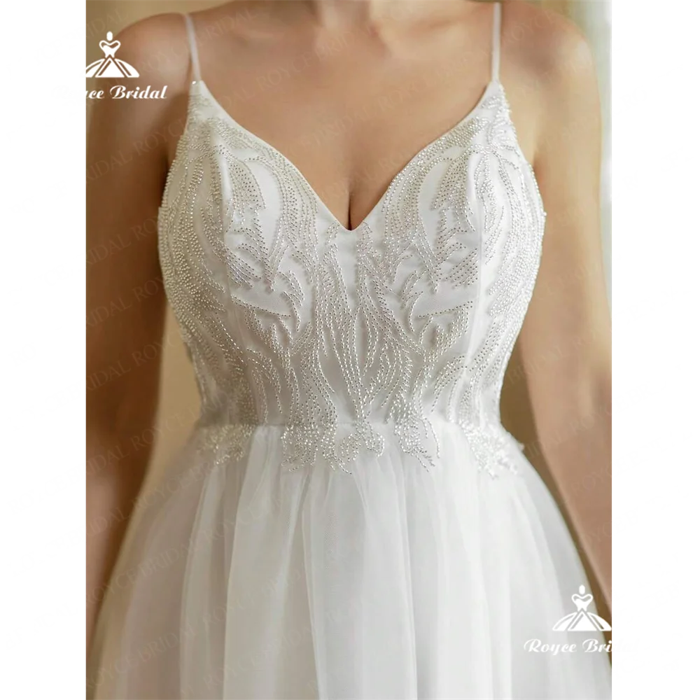 Roycebridal-vestido de novia de línea A con cuello en V, traje de gasa con cola de barrido, 2025