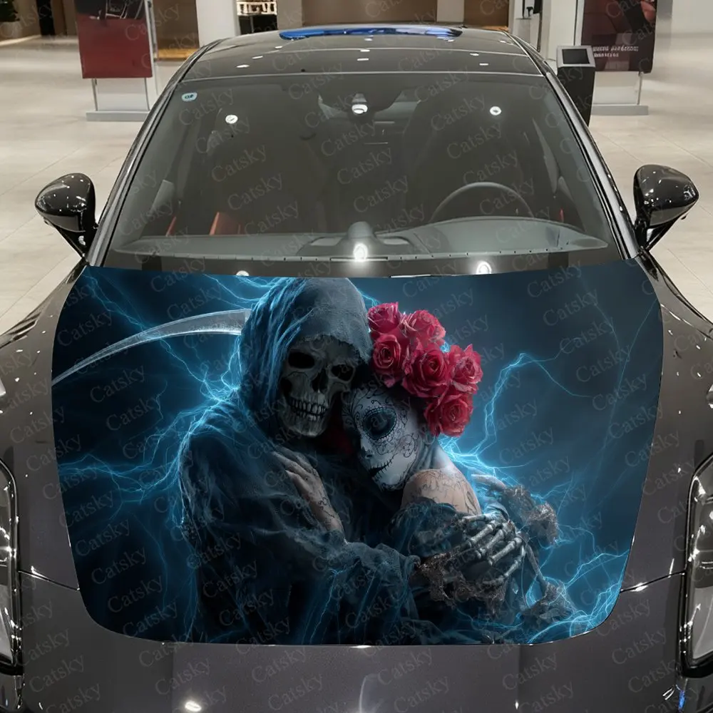 

Blue Tone Undead & Rose Witch Car Vinyl Wrap, PVC Waterproof Car Hood Sticker, Self-Adhesive Scratch-Resistant Stickers