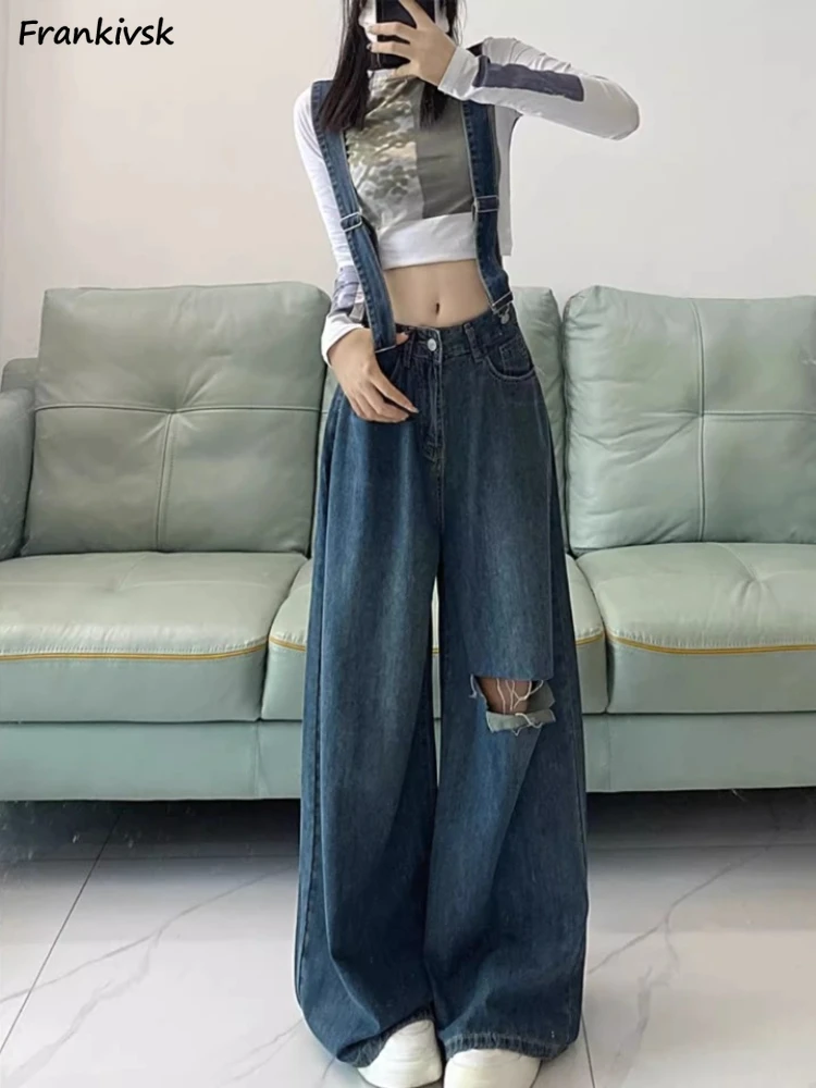 

Suspeder Jeans Women Wide Leg Baggy Hole Frayed Vintage Full Length Solid American Style Youthful Vitality Mid Waist Prevalent