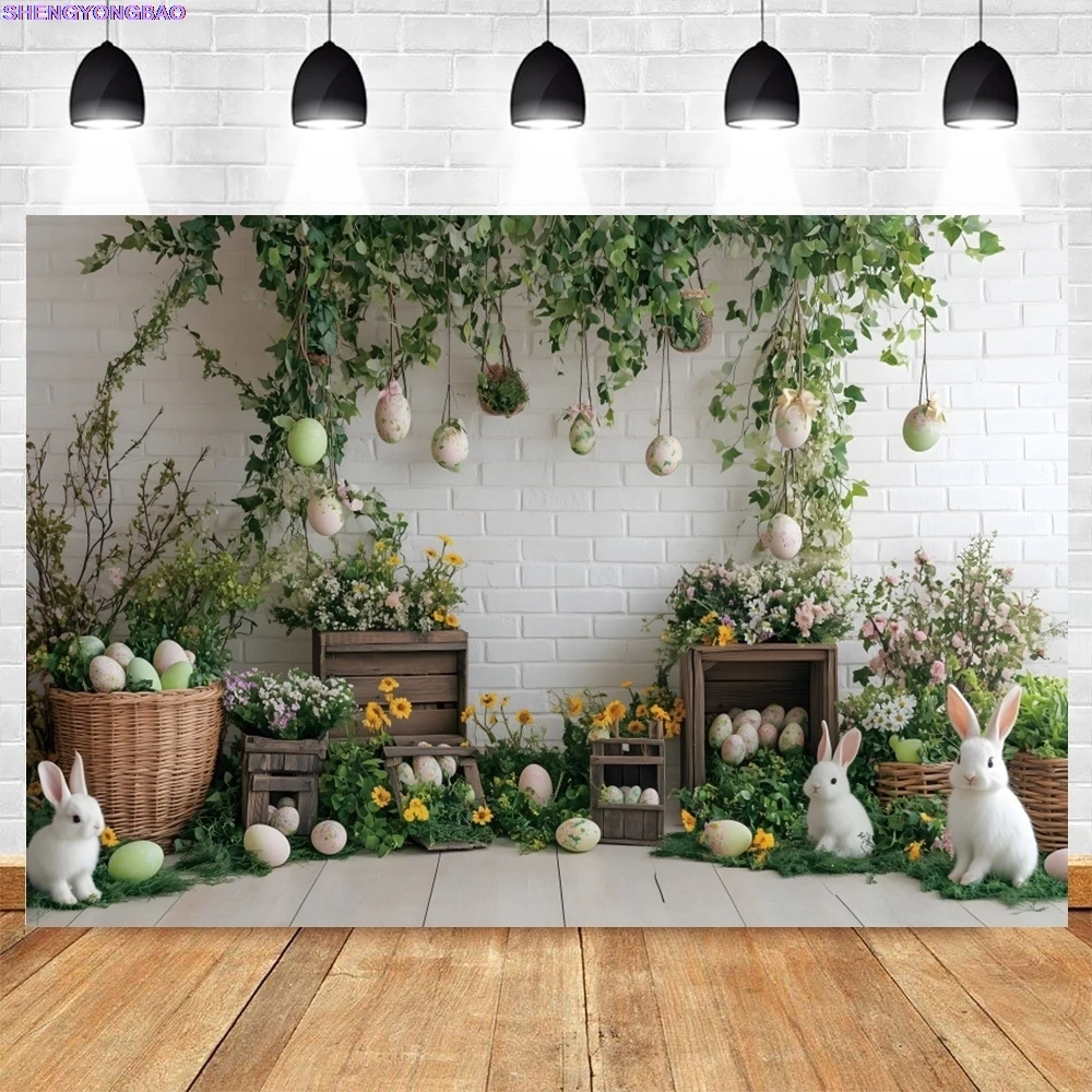 ربيع عيد الفصح الديكور 2025 خلفية التصوير الفوتوغرافي الزهور أرنب البيض زهرة العشب الداخلية الطفل الاطفال خلفية حفلة عيد ميلاد