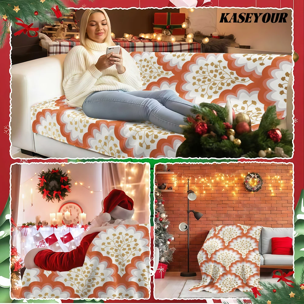 Terracotta Scallop Gold Floral Flannel Blanket Soft Fuzzy Plush Cozy Warm Throw for Sofa Bed Couch Home Decor