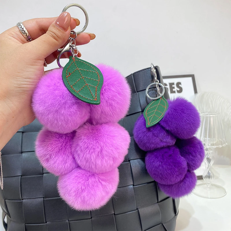 1PC Lovely Grape Pom Poms Keychains Fluffy Pompoms Keychain Rex Rabbit Fur Pompoms Keyring Car Key Chain Pendant Accessories