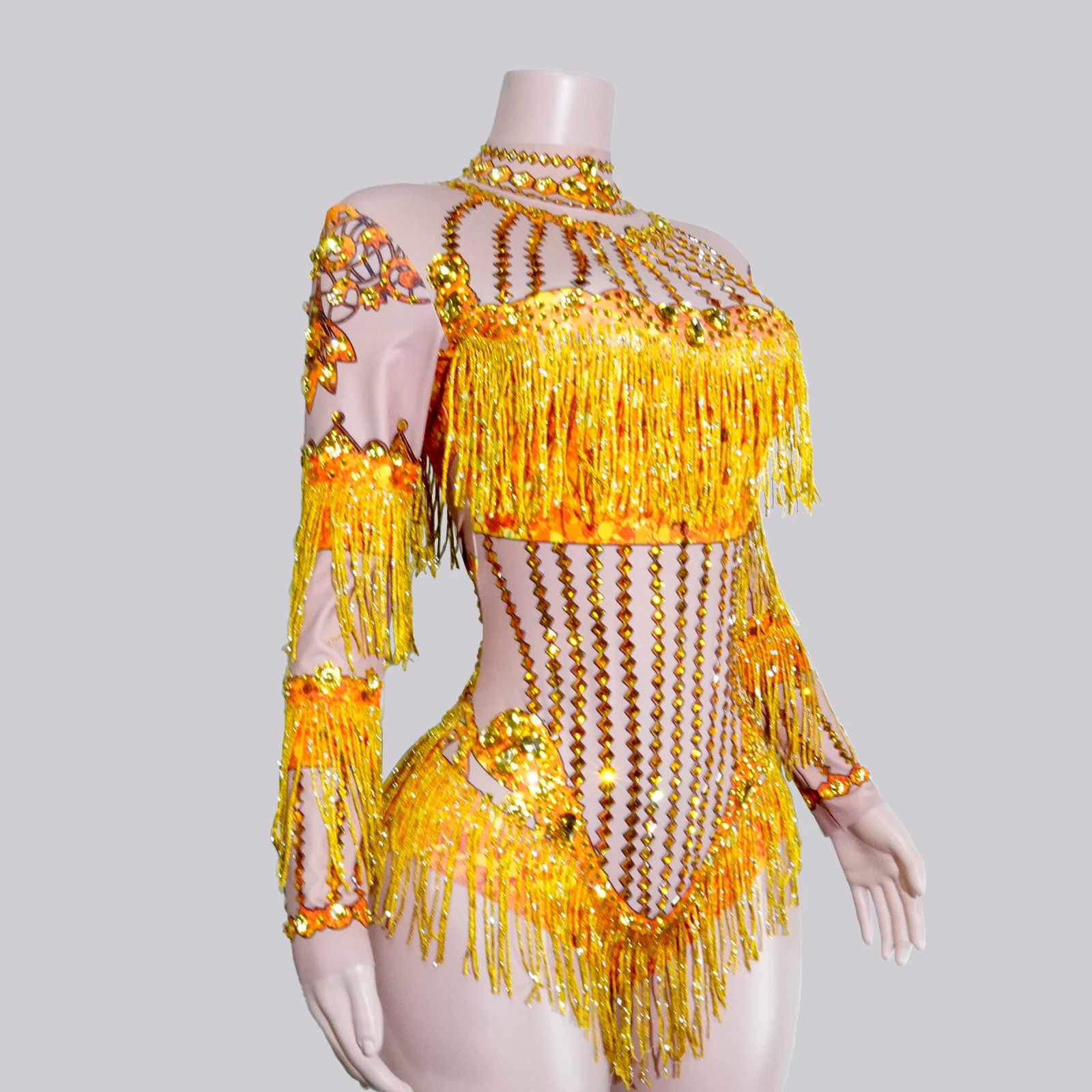 

Gogo Dance Costume Sparkle Gold Rhinestone Long Sleeve Fringe Bodysuit Performance Showgirl NightClub Pole Evening Party Clothes